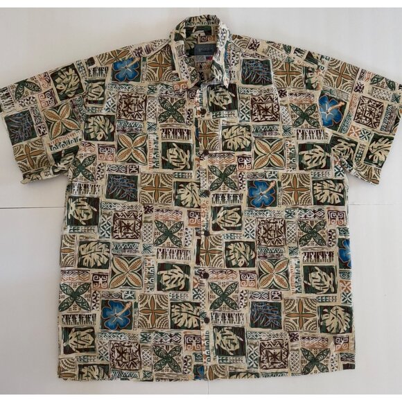 High Seas Hawaiian Tapa Print 100% Cotton Mens L Aloha Shirt Travel Luau Parties - Picture 1 of 7